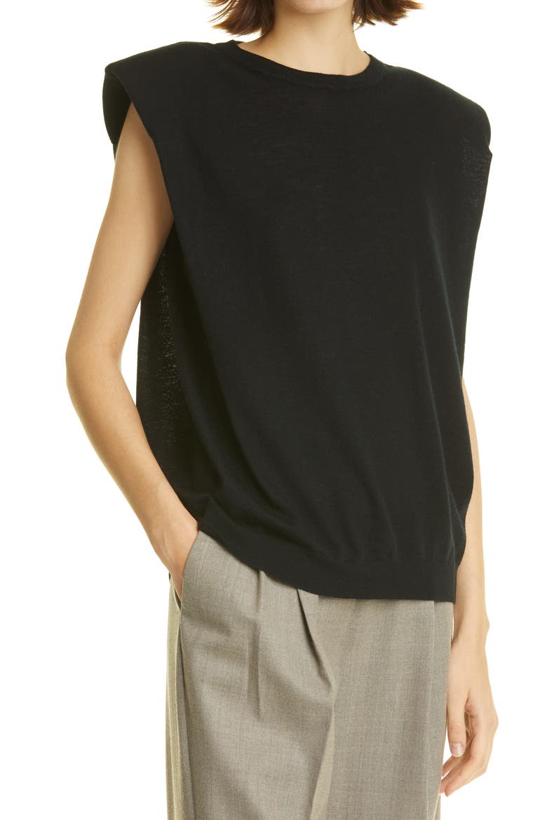 Loulou Studio Prince Padded Shoulder Wool & Cashmere Shell, Alternate, color, BLACK