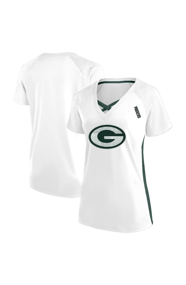 FANATICS Women's Fanatics  White Green Bay Packers Plus Size Glitter Lace-Up V- Neck T-Shirt, Alternate, color, 