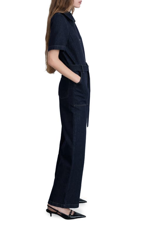 Shop Mango Belted Wide Leg Denim Jumpsuit In Open Blue