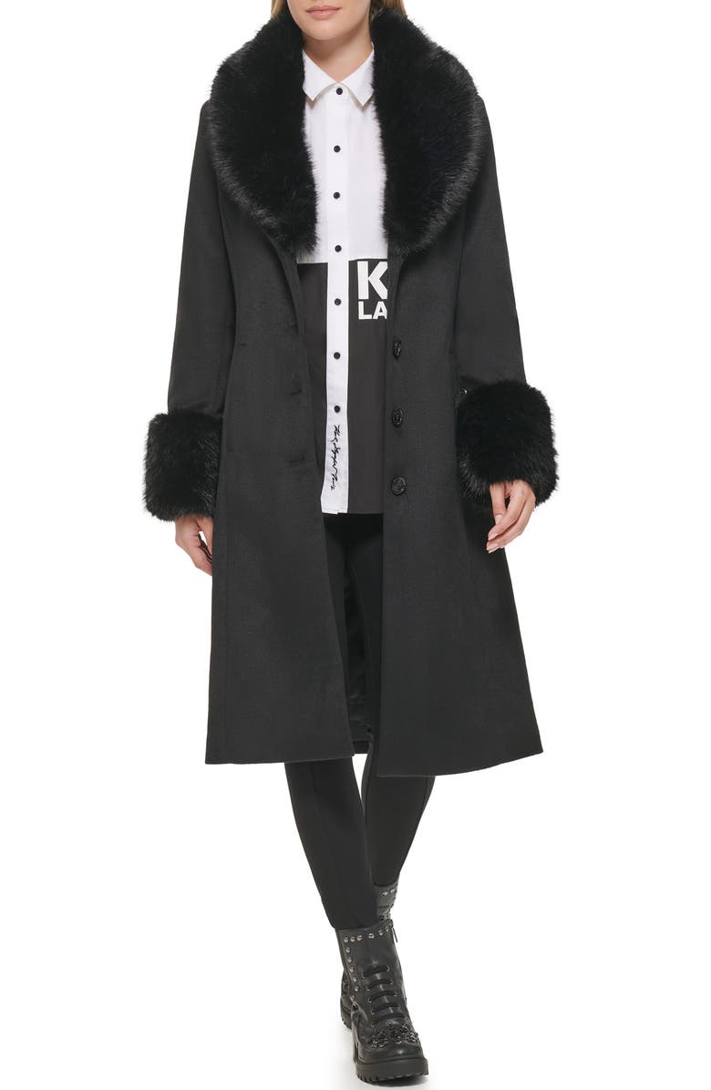 KARL LAGERFELD PARIS Longline Wool Blend Coat with Faux Fur Trim, Alternate, color, 
