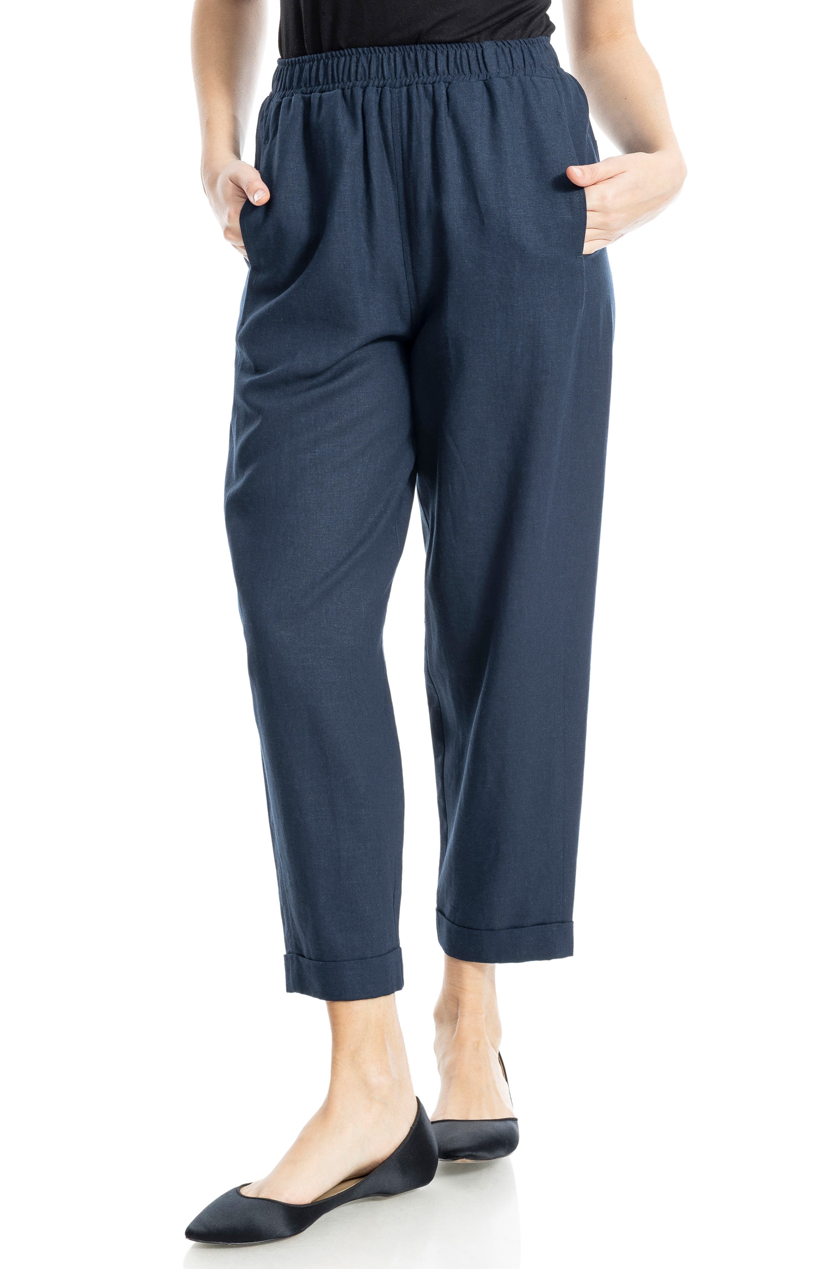 MAX STUDIO Cuffed Crop Linen Blend Barrel Leg Pants