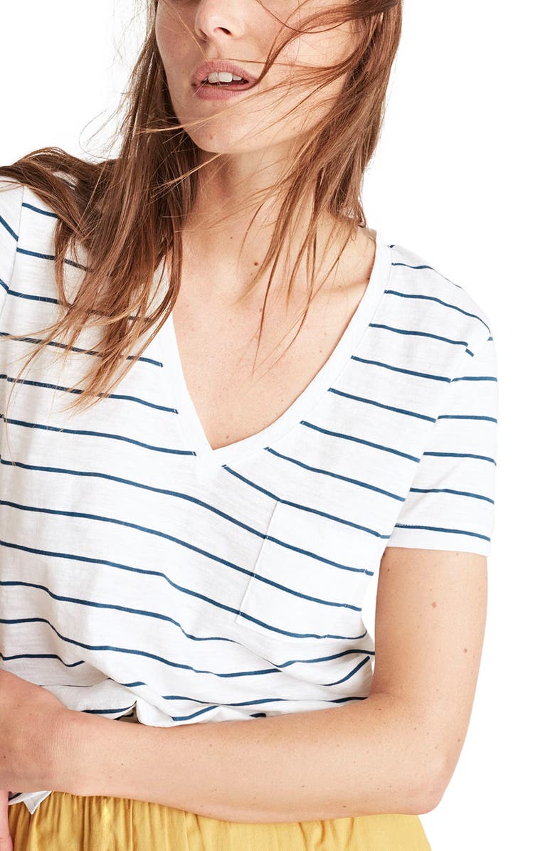 Madewell Whisper Cotton Stripe V-Neck Pocket Tee, Main, color, 