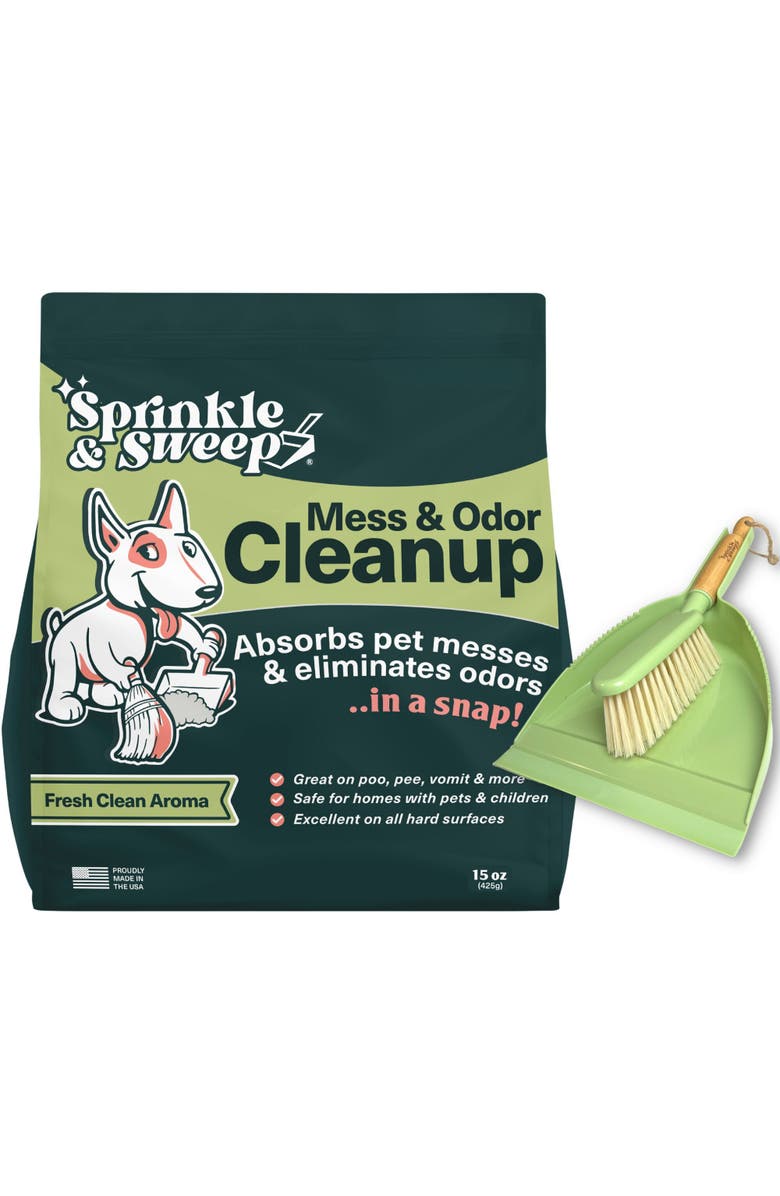 Sprinkle & Sweep Pet Mess and Odor Cleanup Duo, 15oz Bag & Dustpan Broom, Main, color, Multicolored