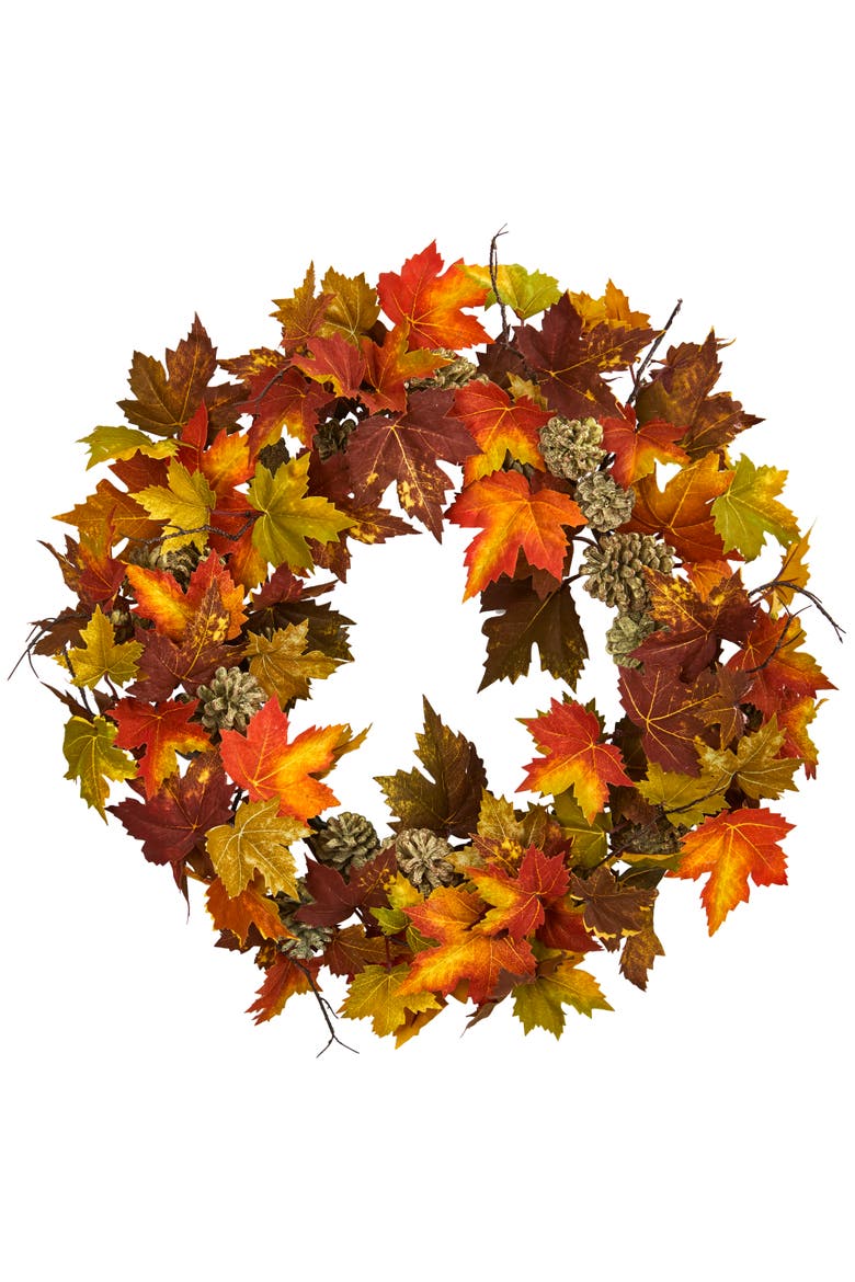 24-in Maple and Pinecone Wreath, Main, color, Orange