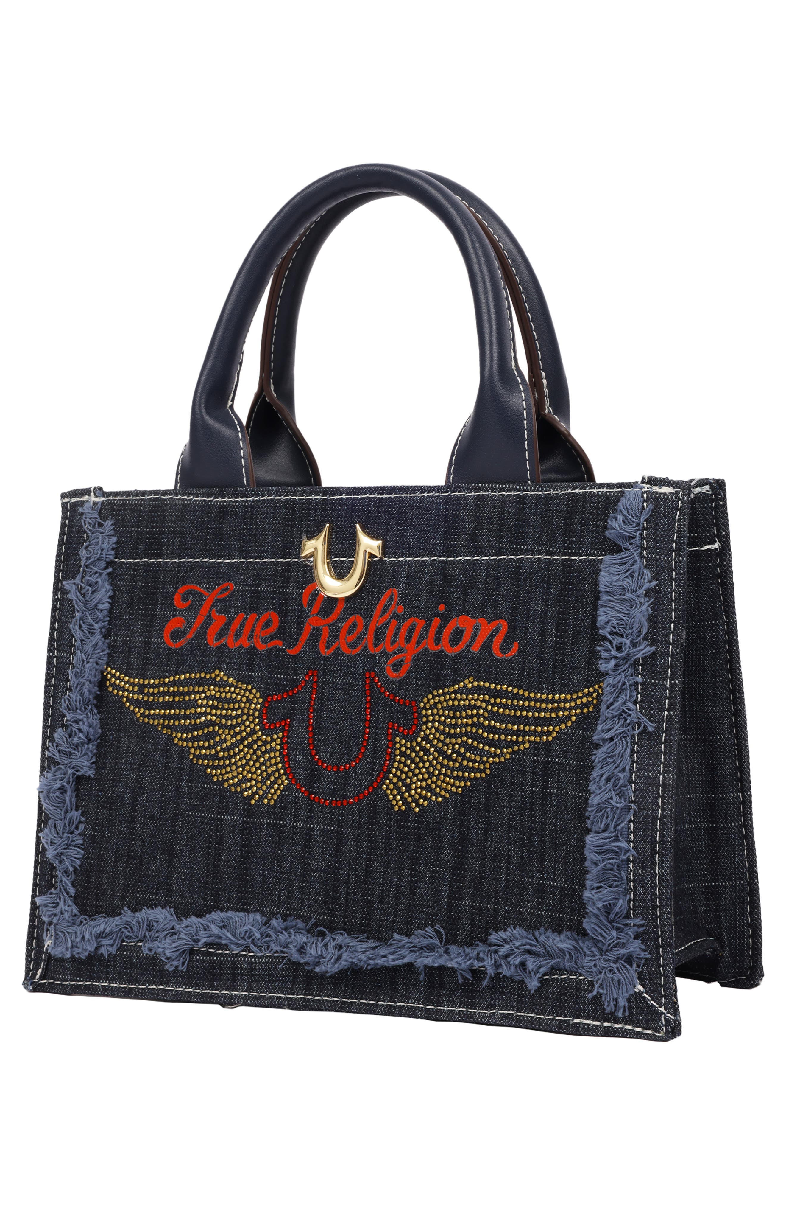 Moto Frayed Denim Tote Bag, Alternate, color, NAVY