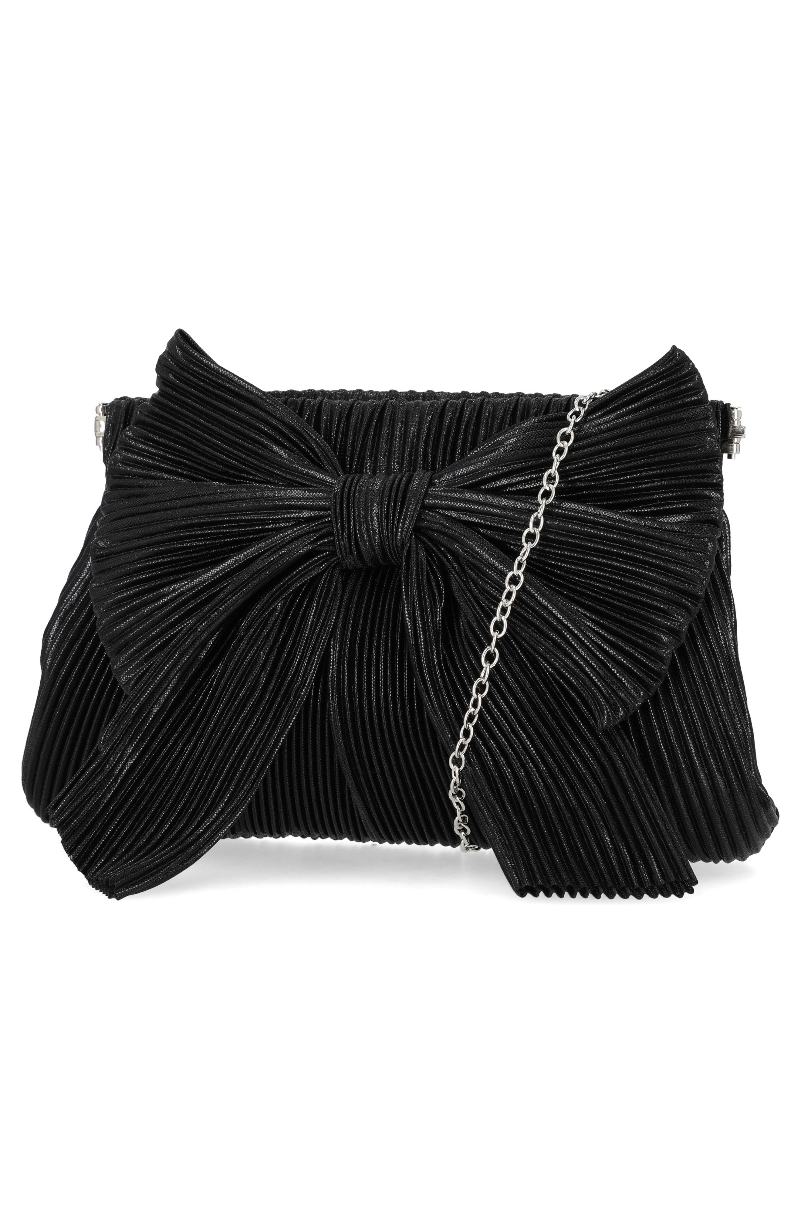 Jessica McClintock Vivienne Pleated Bow Clutch, Alternate, color, Black