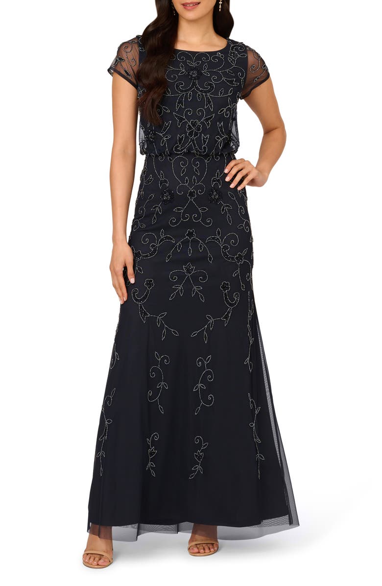 Adrianna Papell Beaded Mesh Gown, Main, color,