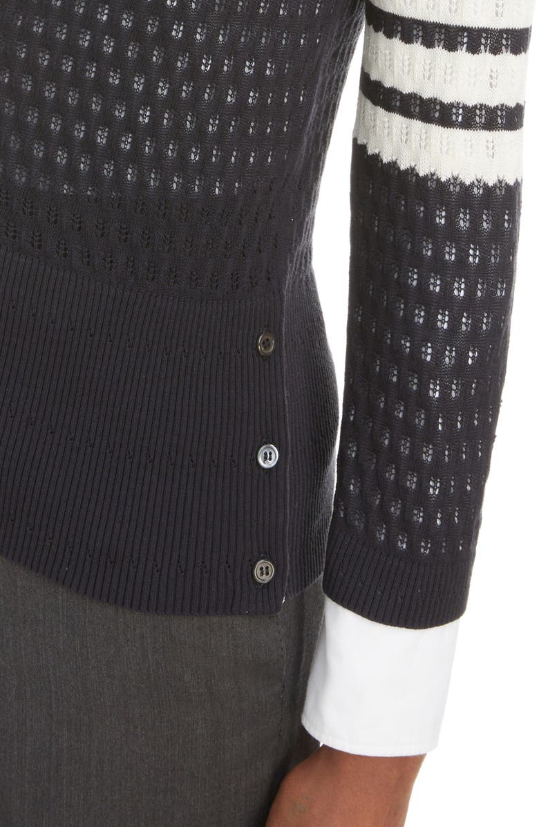 Thom Browne 4-Bar Pointelle Cotton & Silk Cardigan, Alternate, color, 