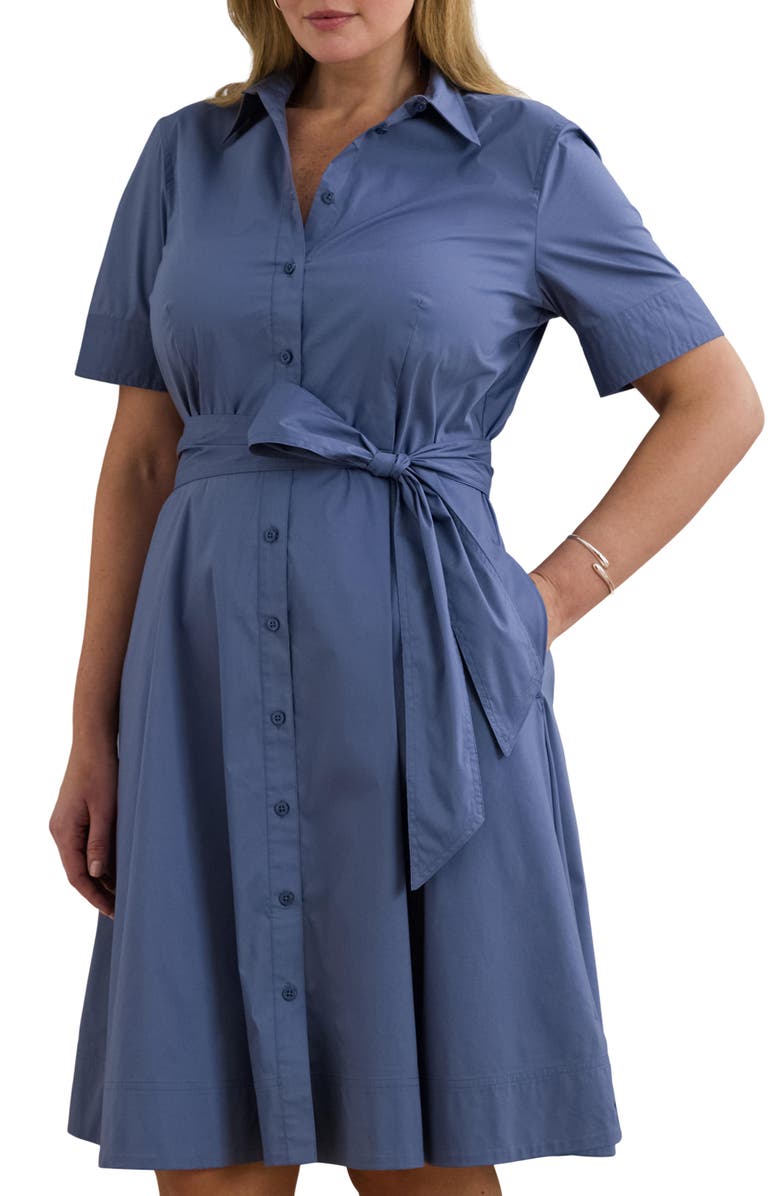 Lauren Ralph Lauren Tie Waist Stretch Poplin Shirtdress, Alternate, color, Capri Blue