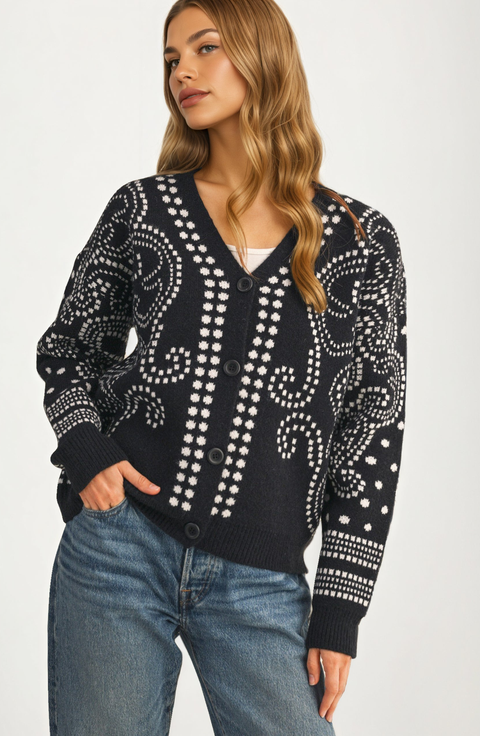 Relaxed Modern Fit Patterned Button Cardigan