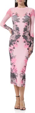 AFRM Ashland Print Long Sleeve Mesh Midi Dress