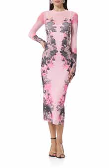 Ashland Print Long Sleeve Mesh Midi Dress