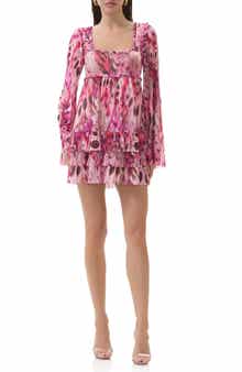 AFRM Madison Abstract Print Long Sleeve Tiered Mesh Minidress