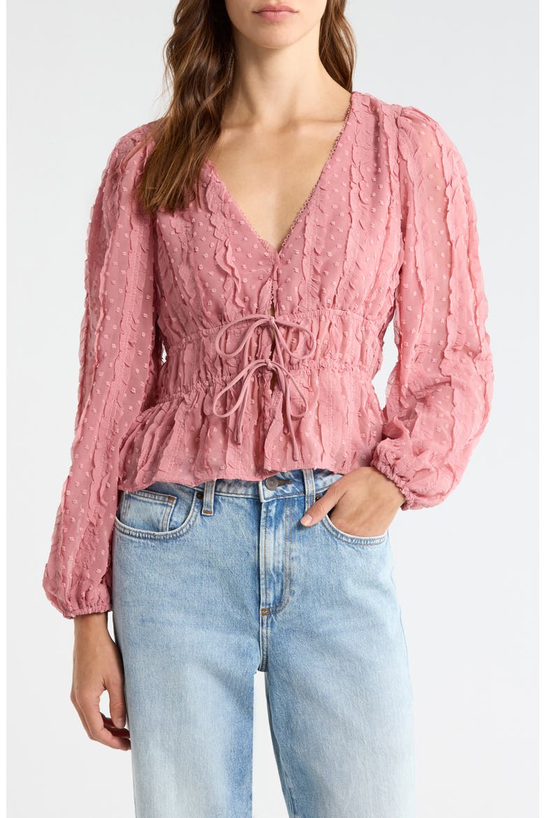 Ruched V-Neck Tie Front Top, Main, color, MAUVE