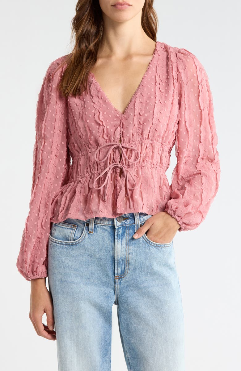 All in Favor Ruched V-Neck Tie Front Top, Main, color, Mauve