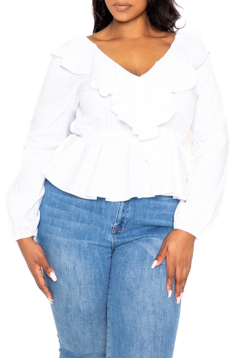 Ruffle Long Sleeve Peplum Blouse, Main, color, WHITE