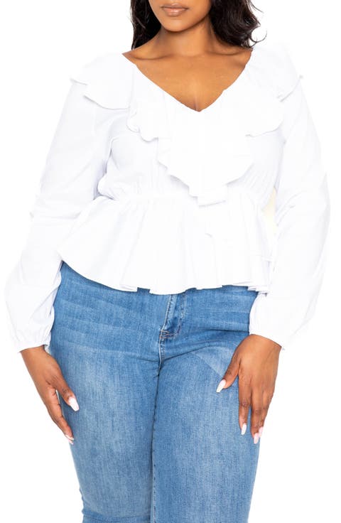 Ruffle Long Sleeve Peplum Blouse (Plus Size)
