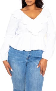 BUXOM COUTURE Ruffle Long Sleeve Peplum Blouse