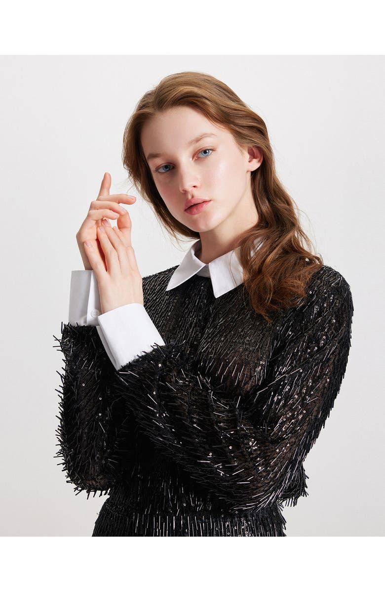 THEO The Label Kleio Sequin Collared Shirt, Alternate, color, Black