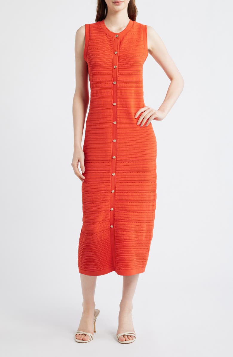 Elie Tahari The Alessandra Sleeveless Button Front Knit Midi Dress, Main, color, Orange Dream