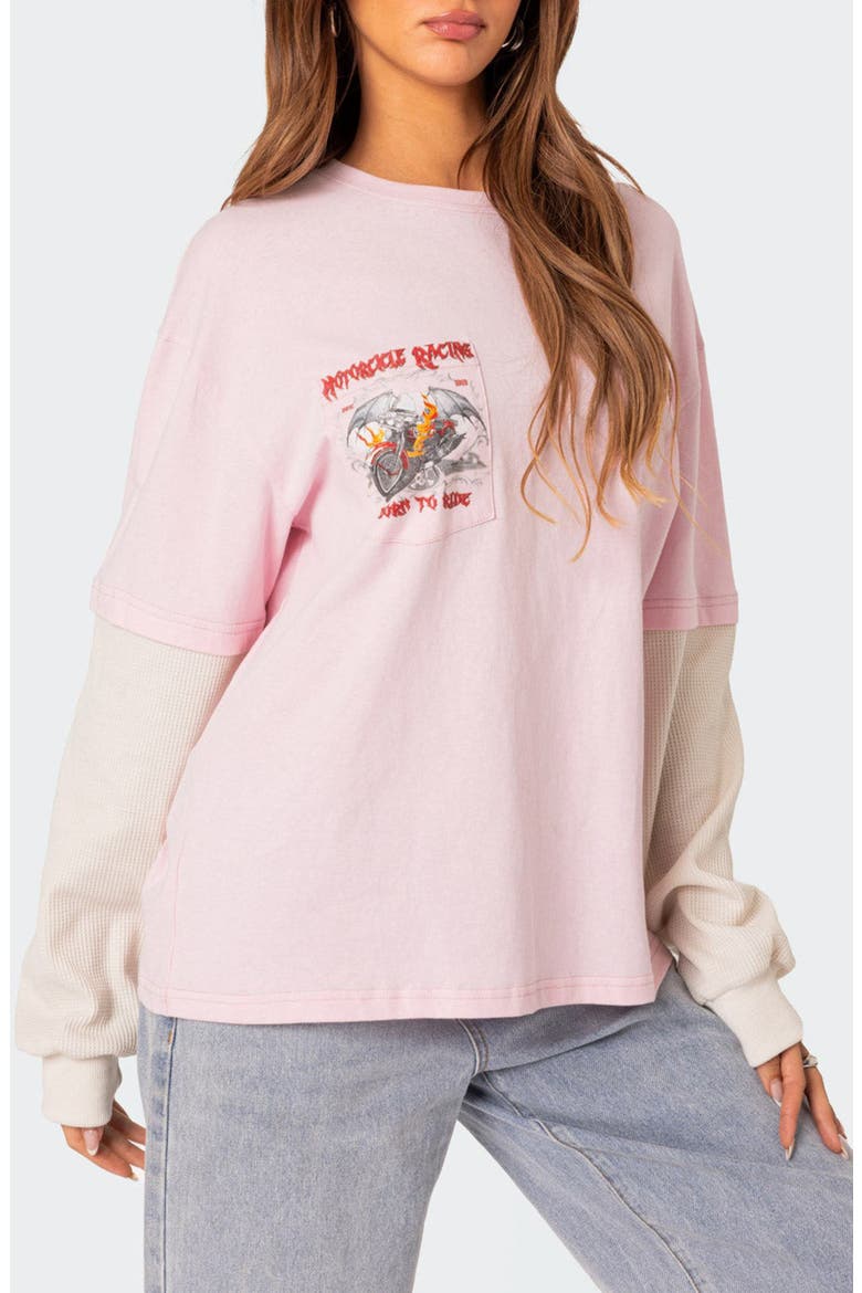 Racing Oversize Mixed Media Long Sleeve Cotton Graphic T-Shirt, Alternate, color, LIGHT-PINK