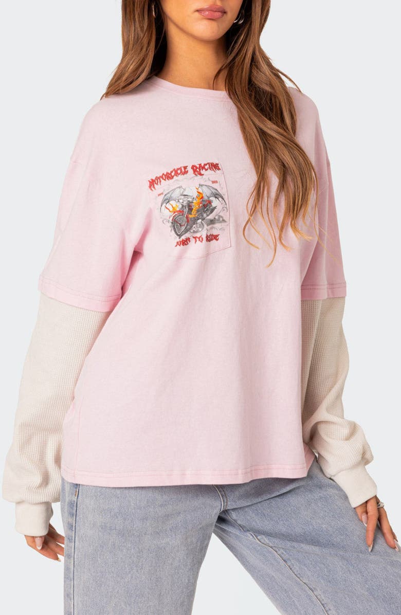 EDIKTED Racing Oversize Mixed Media Long Sleeve Cotton Graphic T-Shirt, Alternate, color, Light-Pink