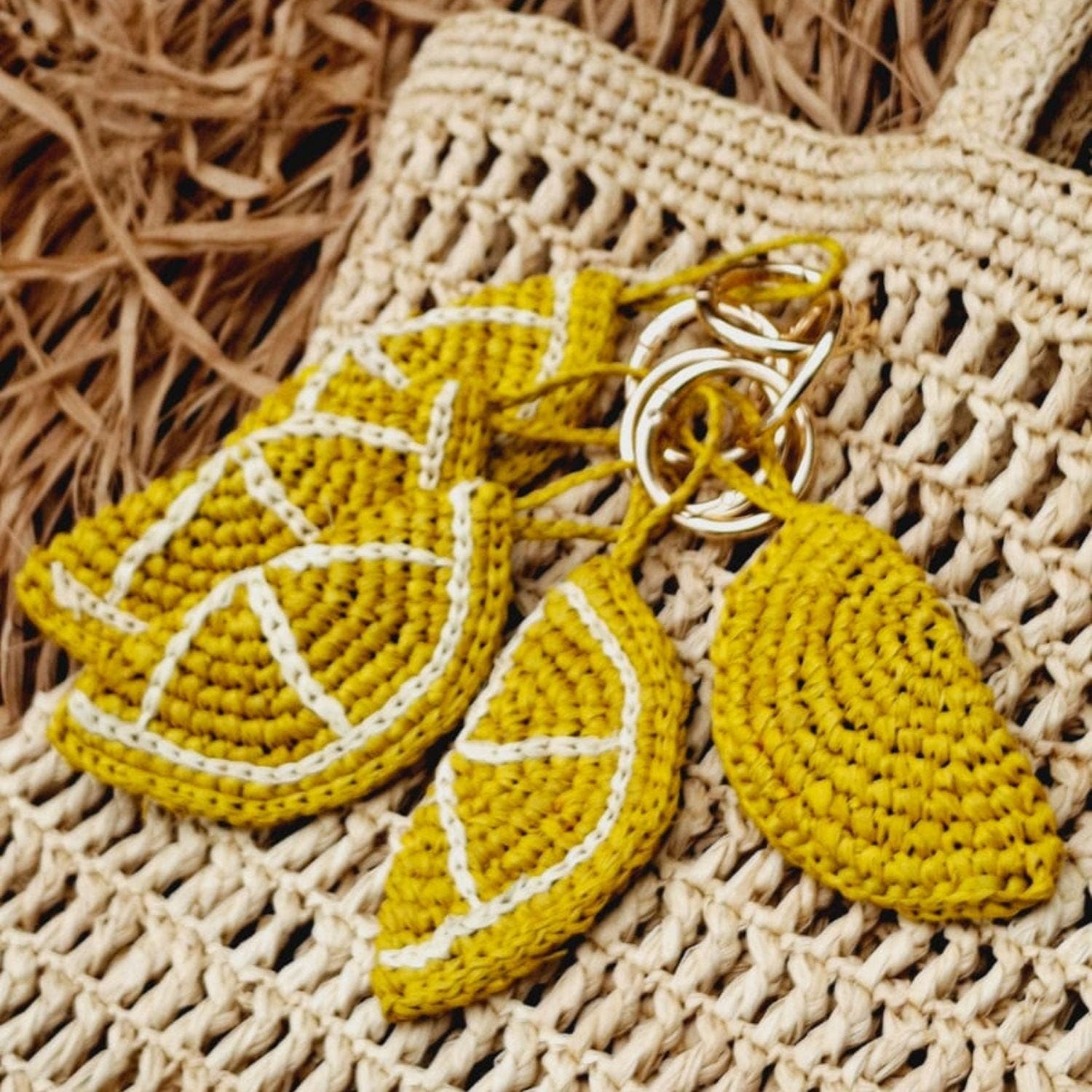 Lemon Raffia Keyring, Alternate, color, Lemon
