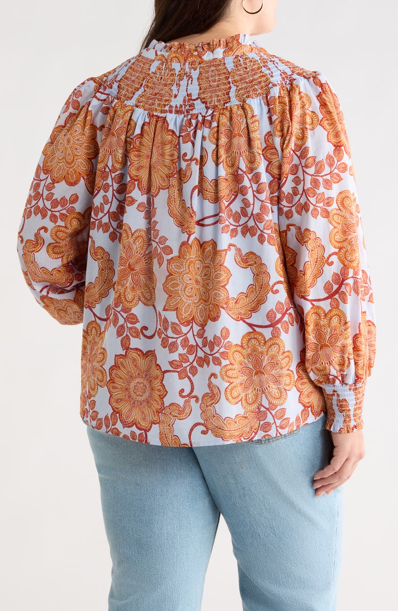 SUGARLIPS Siany Floral Debory Smocked Detail Button-Up Shirt, Alternate, color, Brown-Blu