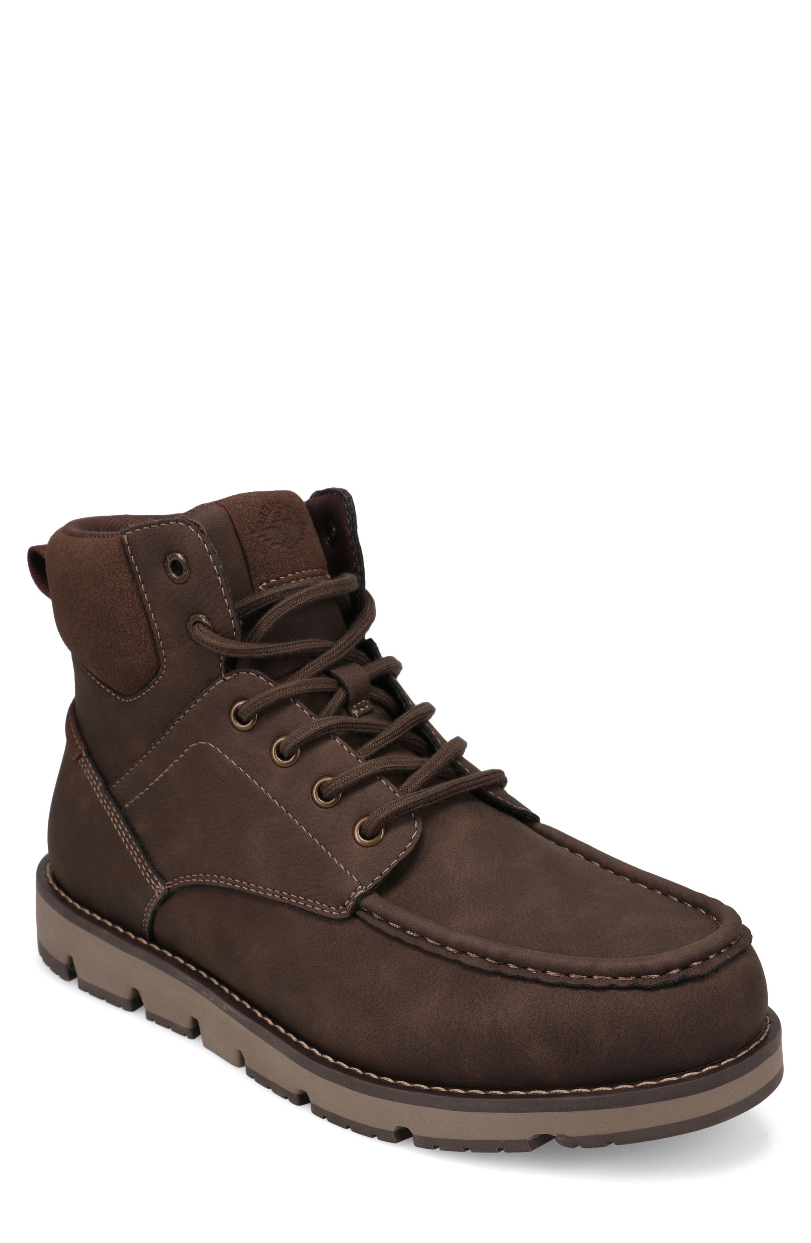 Derrick Faux Leather Boot, Main, color, DARK BROWN/ BROWN