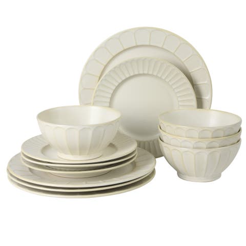 Winchester Way 12-Piece Plates and Double Bowls Stoneware Dinnerware Set, Microwave & Dishwasher Safe
