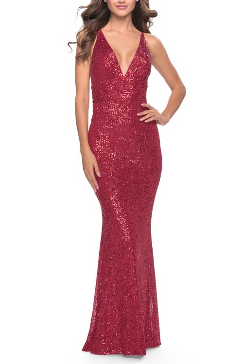 La Femme Sequin Long Dress With V Neckline And Open Low Back