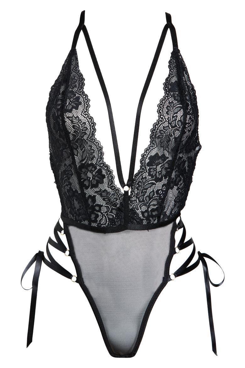 Sloane Soft Cup Mesh & Lace Teddy, Alternate, color, BLACK
