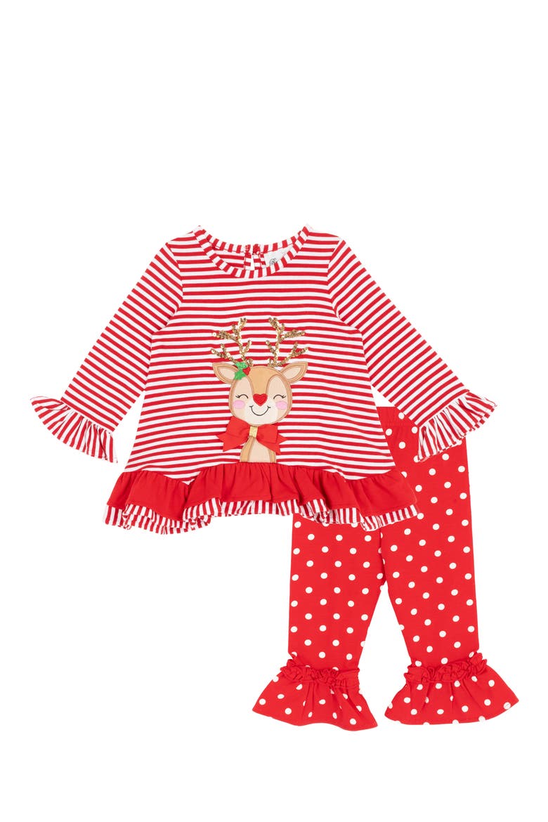 Reindeer Applique Top & Leggings Set, Main, color, RED