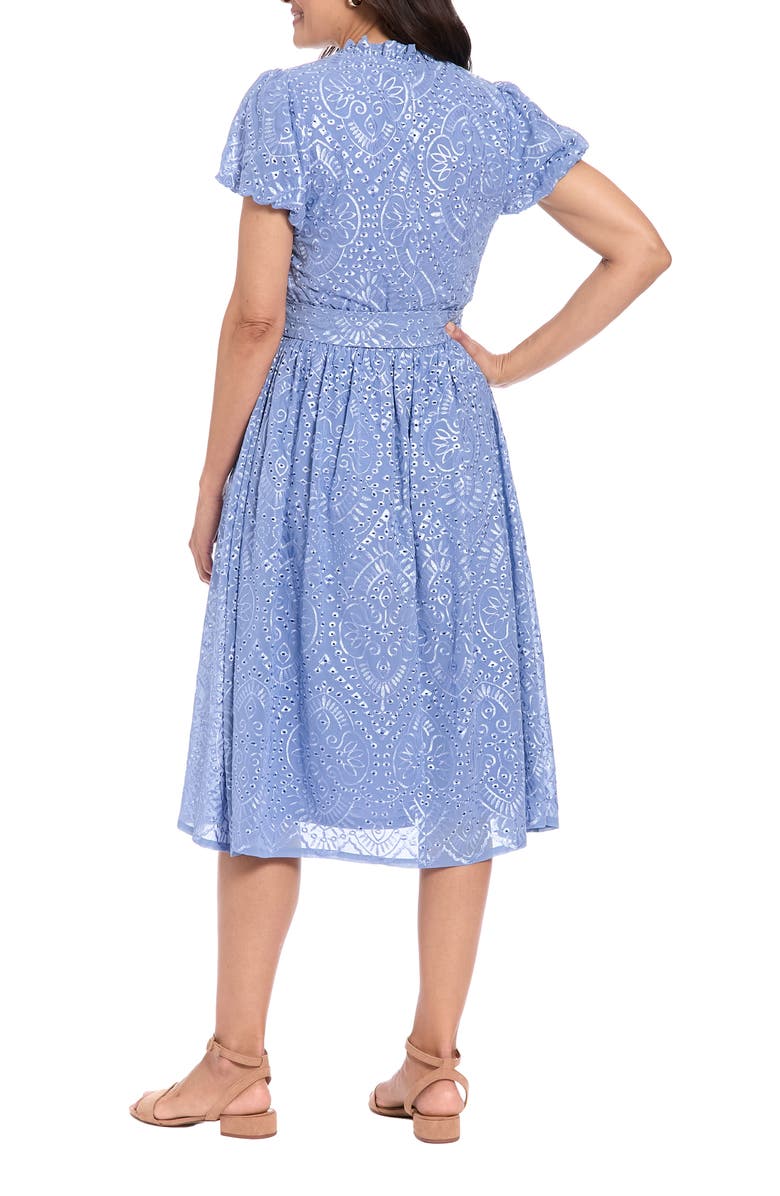 London Times Eyelet Ruffle Neck Puff Sleeve Fit & Flare Dress, Alternate, color, English Manor