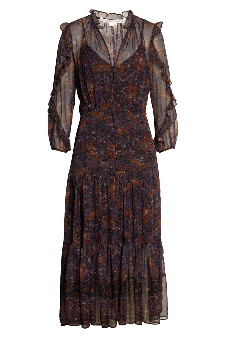 Sabina Silk Midi Dress, Alternate, color, BLACK MULTI