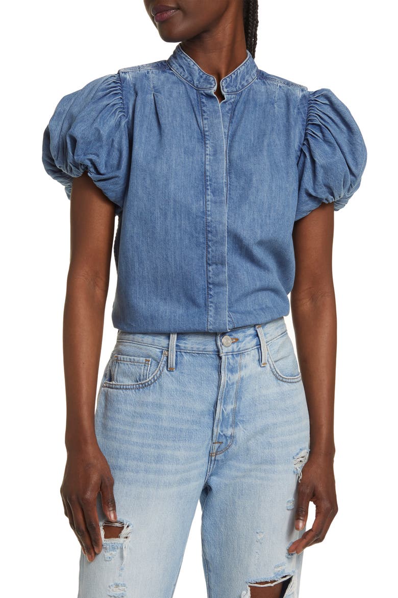 Pleat Puff Sleeve Denim Shirt, Main, color, EUGENIA