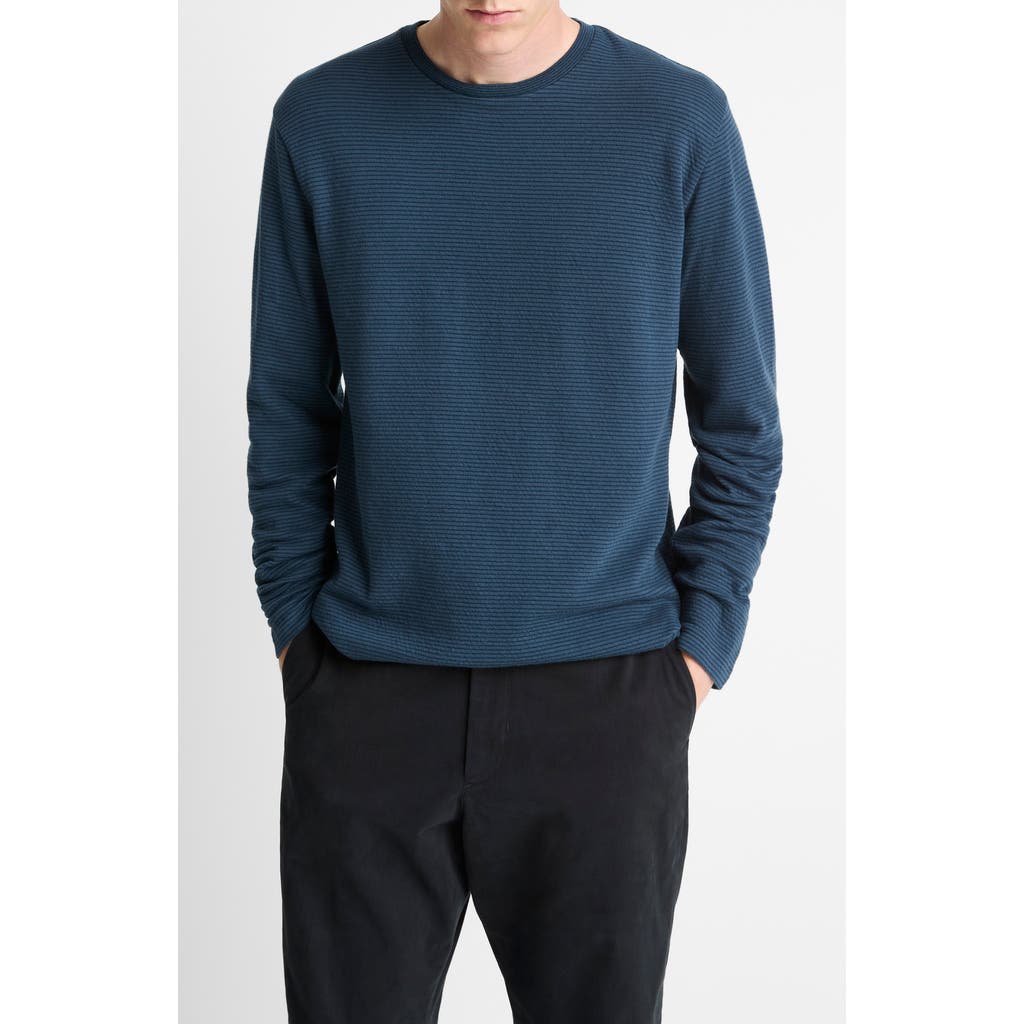 Vince Striped Double Knit Long Sleeved Crewneck Tee In Blue