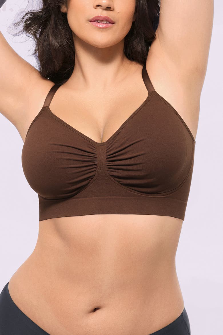 Wireless Seamless Comfy Non Padded V Neck Bra, Main, color, Brown