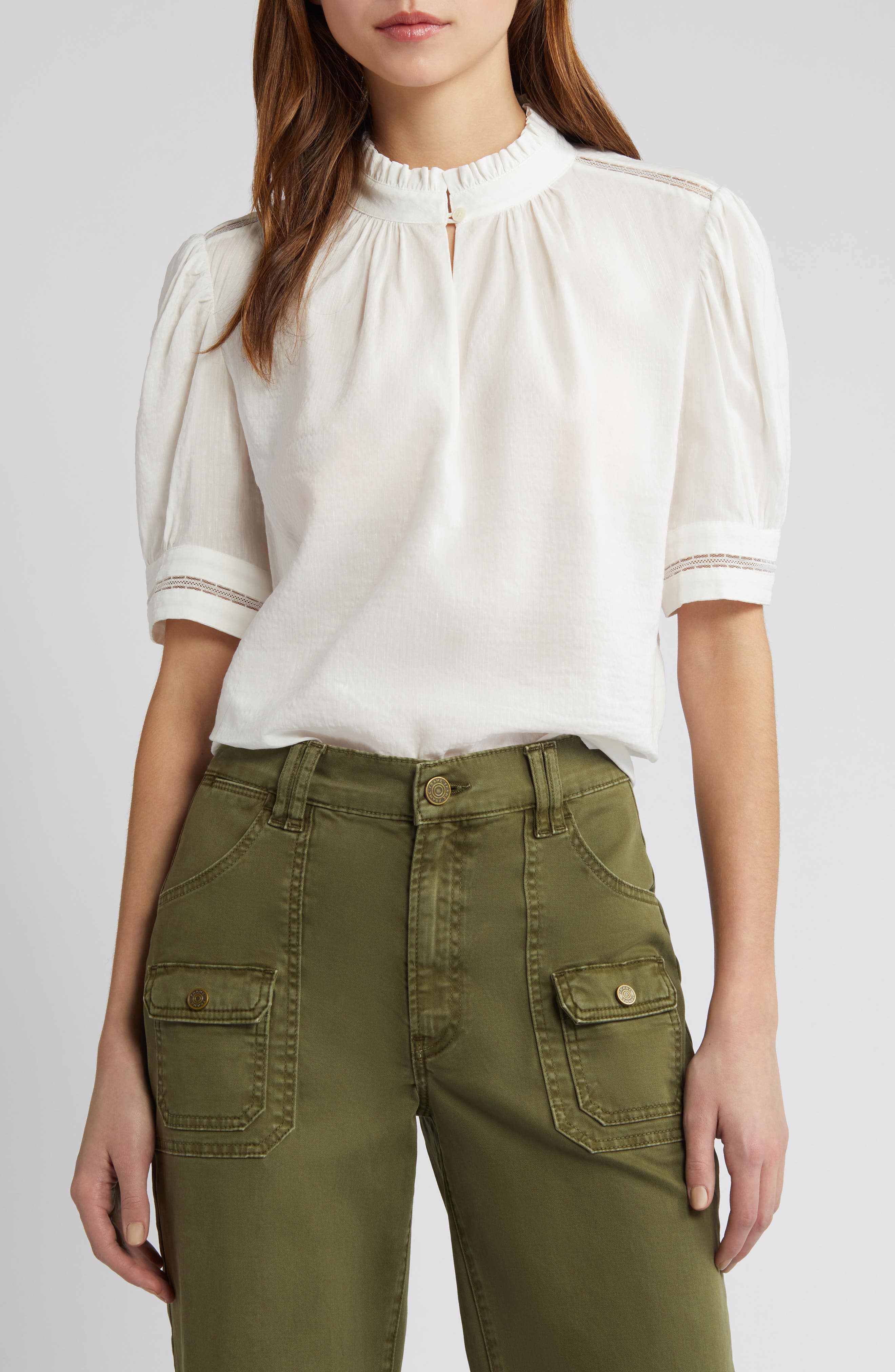 Lace Trim Puff Sleeve Linen Blend Top