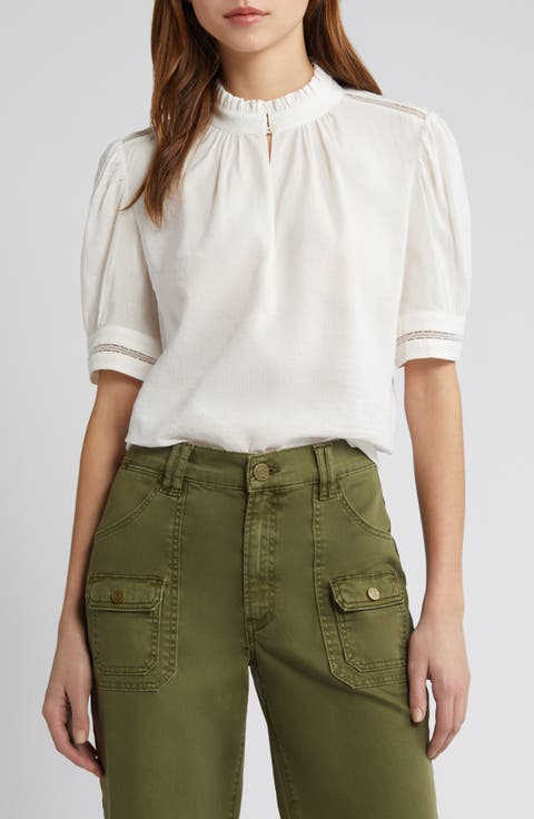 Lace Trim Puff Sleeve Linen Blend Top