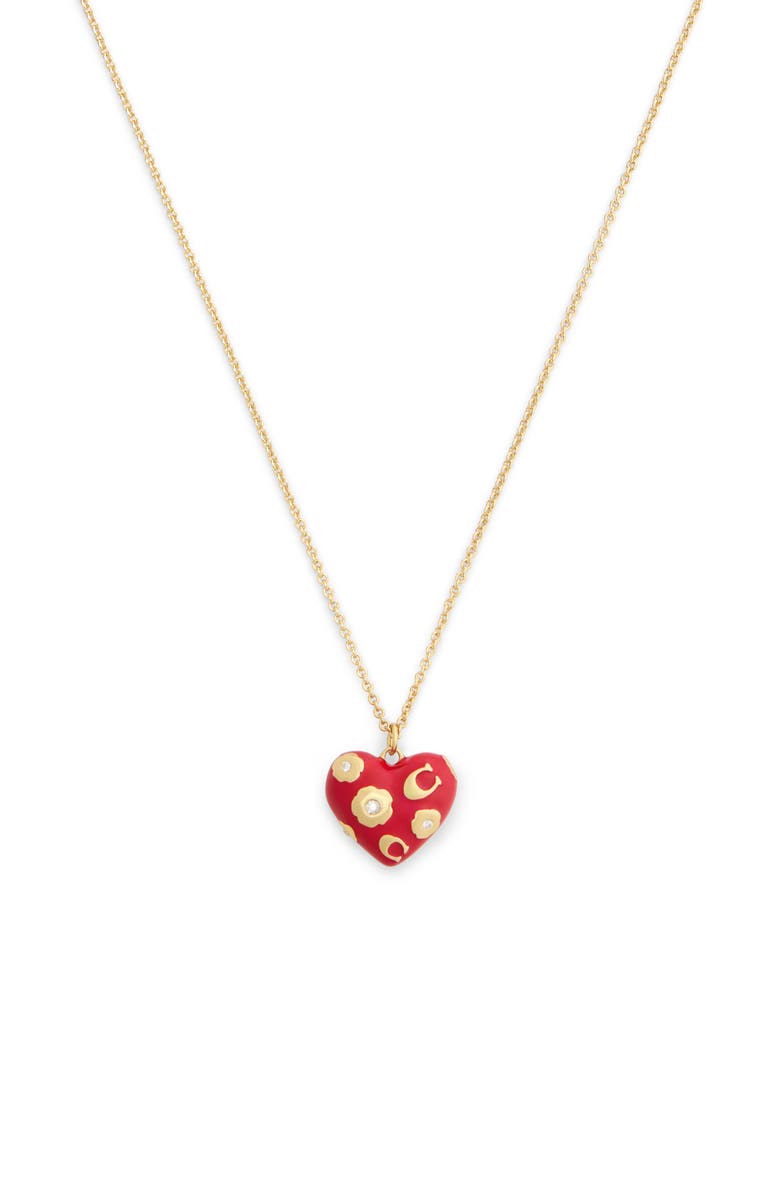 COACH Floral Chubby Heart Pendant Necklace, Main, color, Red/ Gold