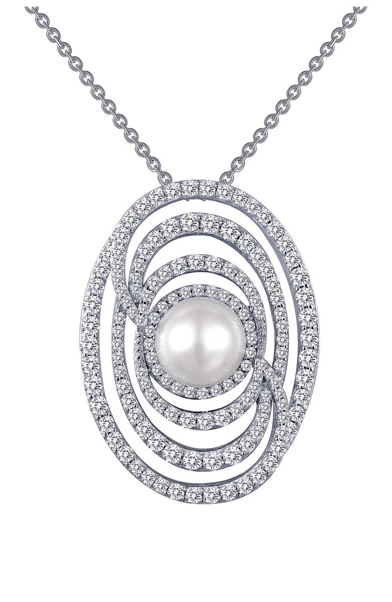 Lafonn Platinum Plated Sterling Silver Pavé Simulated Diamond & 5mm Freshwater Pearl Pendant Necklace, Main, color, 