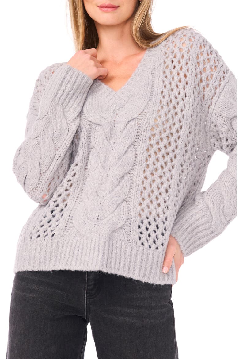 Cable Stitch V-Neck Sweater, Main, color, LIGHT HEATHER