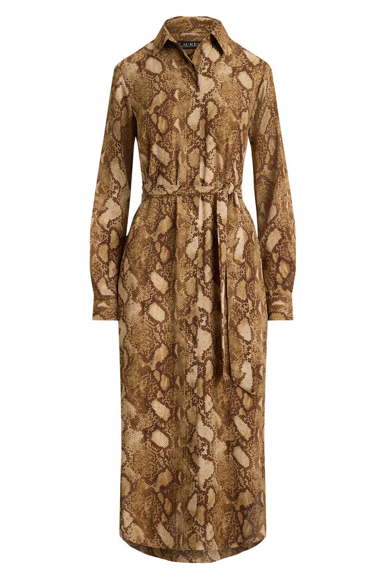 Snake Print Belted Georgette Midi Shirtdress, Alternate, color, BEIGE/ MULTI