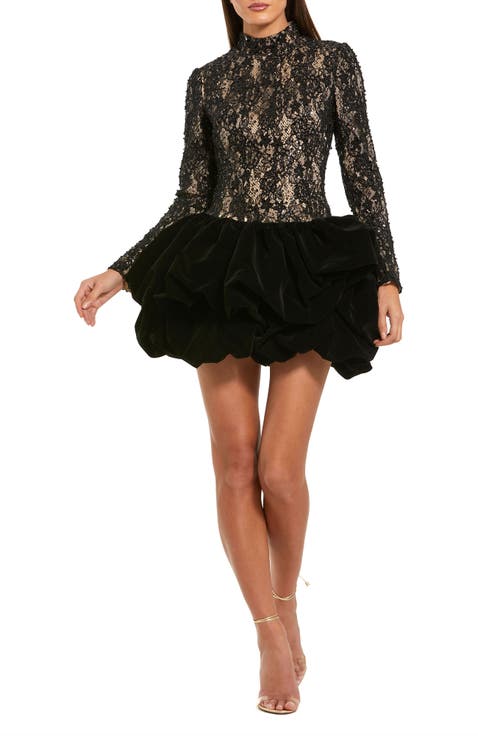 Mock Neck Long Sleeve Lace And Velvet Mini Dress