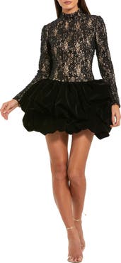 Mac Duggal Mock Neck Long Sleeve Lace And Velvet Mini Dress