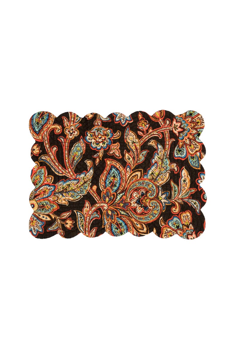 Dorothy Autumnal Brown Quilted Scalloped Paisley Floral Placemats Set of 6, 13" x 19", Alternate, color, Black