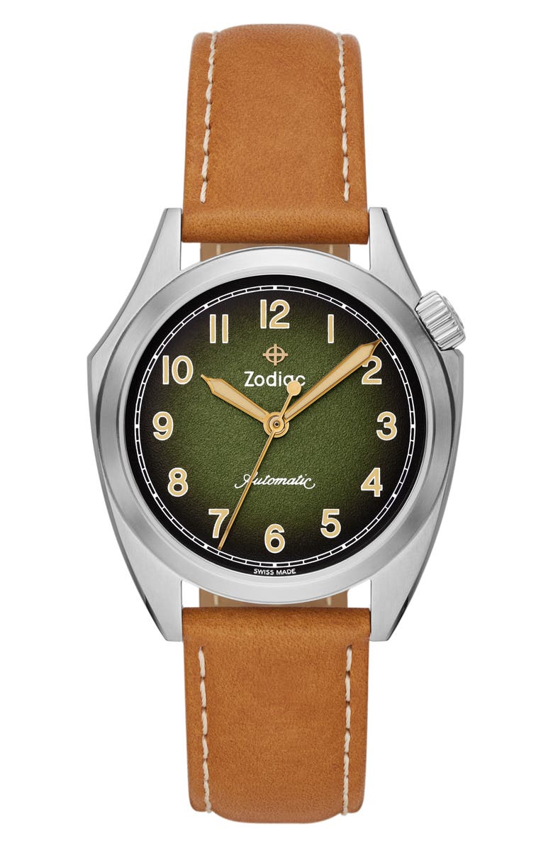 Zodiac Field Olympos Automatic Leather Strap Watch, 40mm, Main, color, 