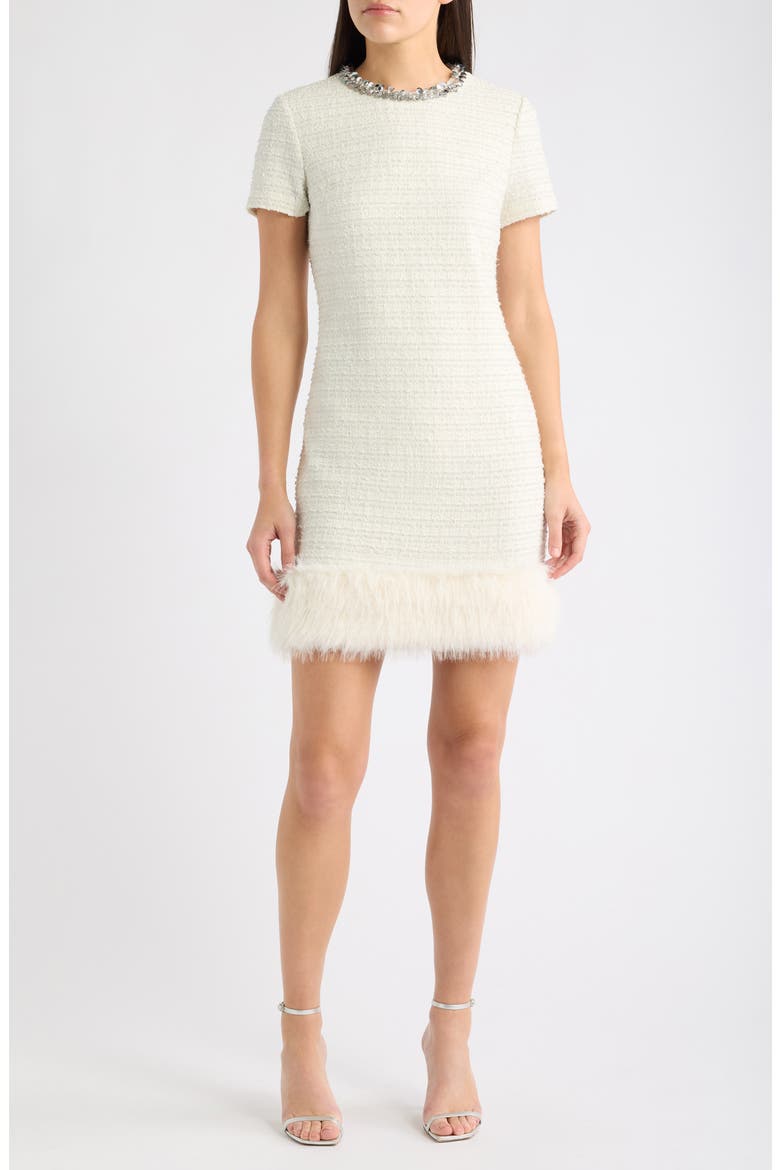 Beaded Neck Faux Fur Hem Tweed Minidress, Main, color, VANILLA