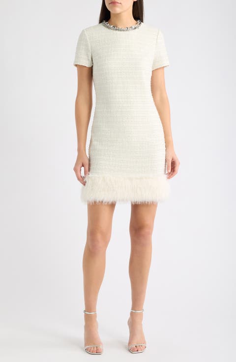 Beaded Neck Faux Fur Hem Tweed Minidress